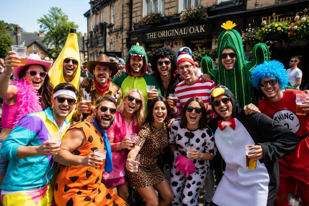 Fancy-dress Otley Run group outside The Original Oak in Headingley